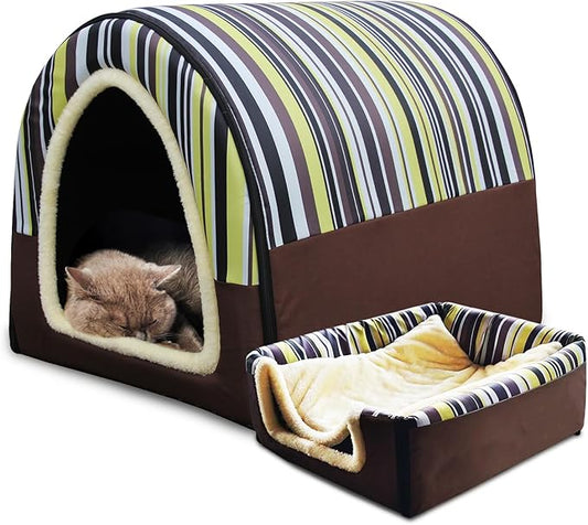 Cat Bed or Dog Bed,2 Ways to Use,Indoor Pet House with Fluffy Mat,Removable and Washable Cover,Splash-Proof House and Non-Slip Bottom,for Cats and Small Dogs(S Vertical Stripes)