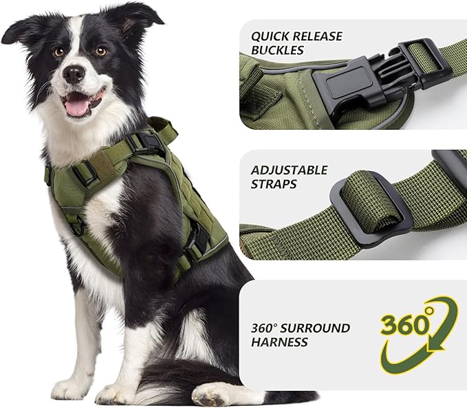 WINGOIN Tactical Dog Harness for Large Dogs, Heavy Duty No Pull Dog Harness with Handle, Adjustable Reflective Military K9 German Shepherd Big Size Dog Vest for Training, Walking, Hiking, Green (L)