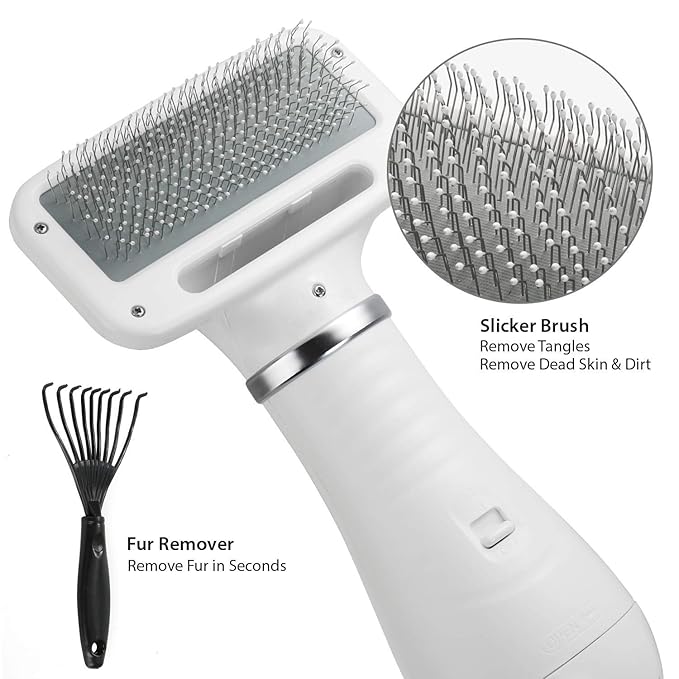 iPettie Pet Grooming Hair Dryer with Slicker Brush, White, Quiet, 2 Heat Settings, Professional Home Use for Short Straight Hair Cat, Narrow Gap Slicker Brush