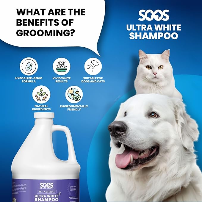 Soos Ultra White Hypoallergenic Shampoo for Dogs & Cats - Natural White Brightening Formula, Gentle & Moisturizing Pet Wash for Sensitive Skin - 4L