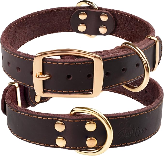 ADITYNA Heavy Duty Leather Dog Collar for Medium Dogs - Soft and Strong Leather Dog Collar for Medium Dog Breeds (Medium: Fit 13" - 20" Neck, Brown - Gold Colored Buckle)