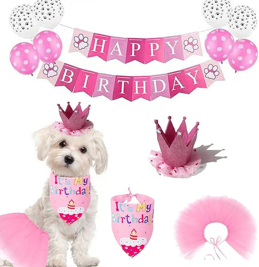 Petank Dog Birthday Party Decorations,Pet Birthday Party Supplies with Cute Pink Tutu Skirt Outfit,Happy Birthday Banner,Crown Hat for Dog Birthday Set (Pink)