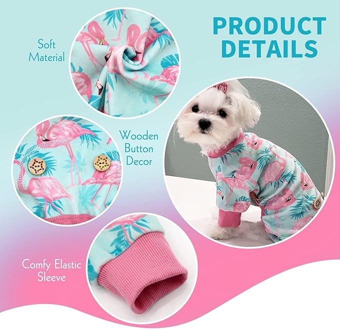 KYEESE Dog Pajamas Stretchy Pet Jammies Coat Comfy Pet Onesie Costume Velvet Dog Pajamas Small Sized Dogs Soft Dogs Clothes Pjs with Flamingo Pattern, Large