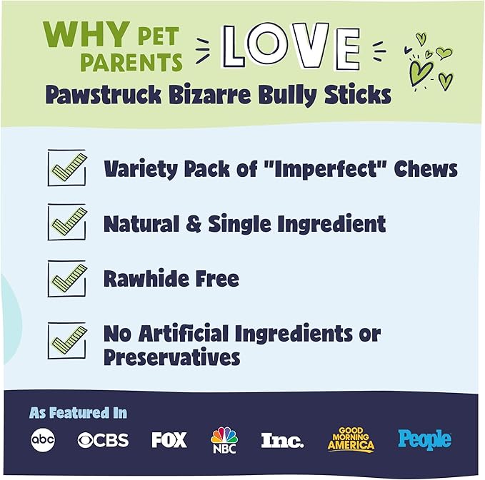 Pawstruck Natural Bizarre Bully Sticks Bargain Bag for Dogs & Puppies - Variety Pack of 5-7" Long Lasting Eco-Conscious Beef Chew Treats - 8 oz. Bag - Packaging May Vary