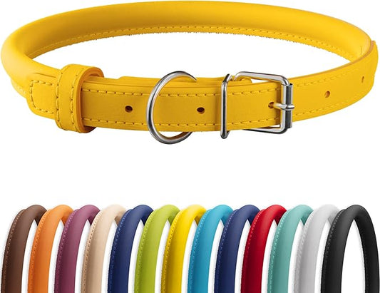 CollarDirect Rolled Leather Dog Collar, Soft Padded Round Puppy Collar, Handmade Genuine Leather Collar Dog Small Large Cat Collars 13 Colors (8-11 Inch, Yellow Smooth)