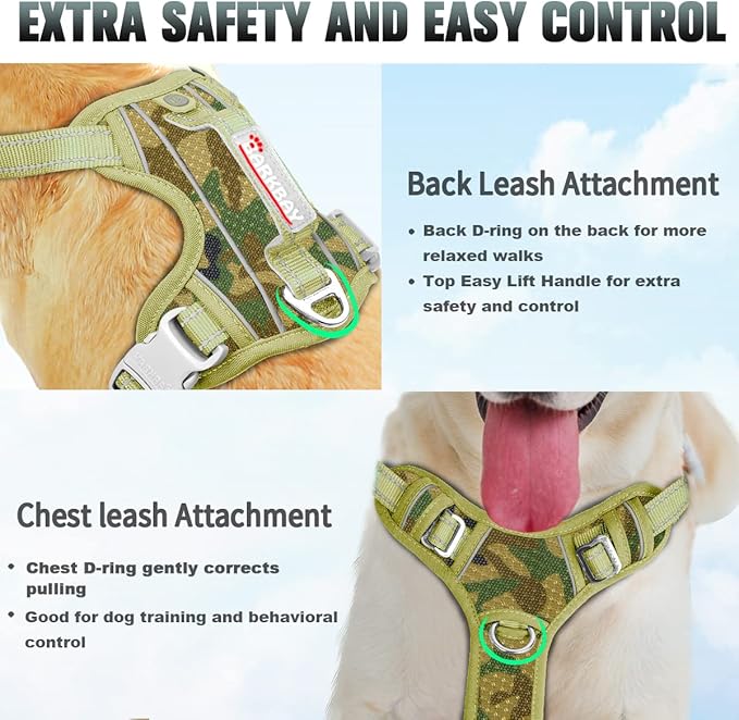 BARKBAY No Pull Dog Harness Large Reflective Dog Harness with Front Clip and Easy Control Handle for Walking Training Running with ID tag Pocket(Camo,S)