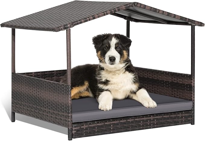 Giantex Wicker Dog House, Raised Rattan Dog Bed with Waterproof Roof, Washable Cushion Cover, Steel Frame, Indoor Outdoor Elevated Dog Bed Pet House for Small Medium Dogs Cats, Easy Assembly