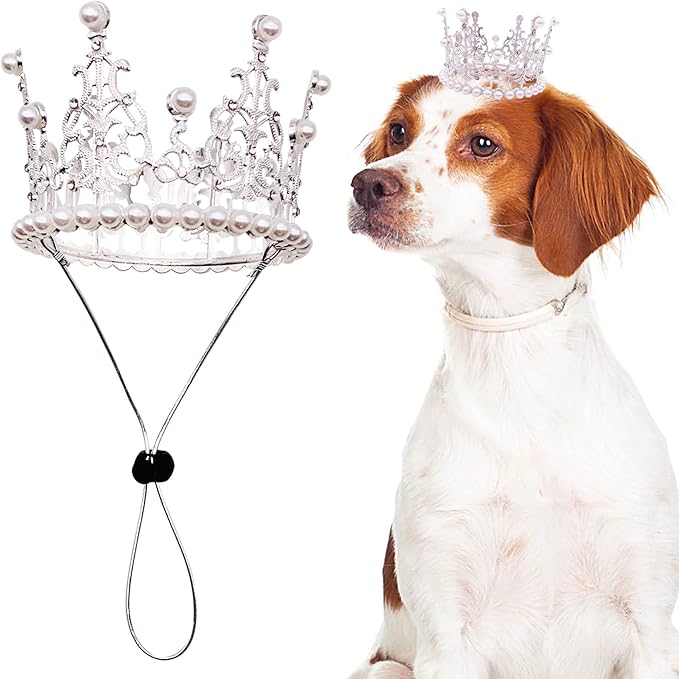 PET SHOW 2pcs Large Dog Crown Headband Sheep Big Pet Hat for Birthday Party Silver Gold Rhinestone Faux Pearl Crown for Boy Girl Wedding Hair Accessories Photo Prop Costume