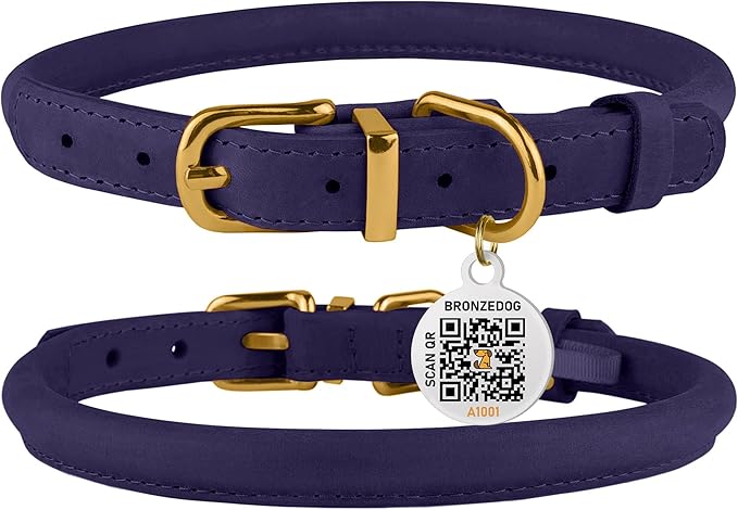 BRONZEDOG Rolled Leather Dog Collar with QR ID Tag Adjustable Soft Round Collars for Small Medium Large Dogs Puppy Cat (9" - 11" Neck Size, Violet)