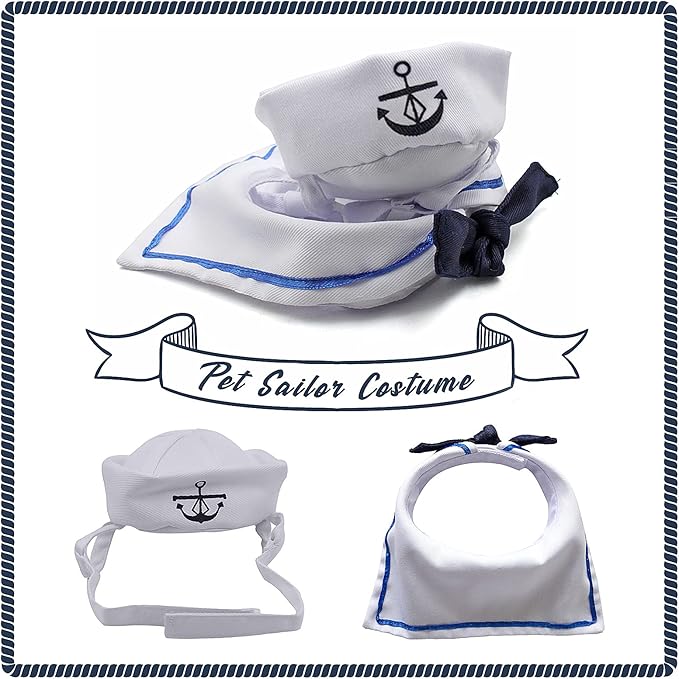 NAMSAN Pet Sailor Costume for Cats Small Dogs Halloween Cat Sailor Hat with Tie Collar Doggy Navy Outfit Cosplay Apparel