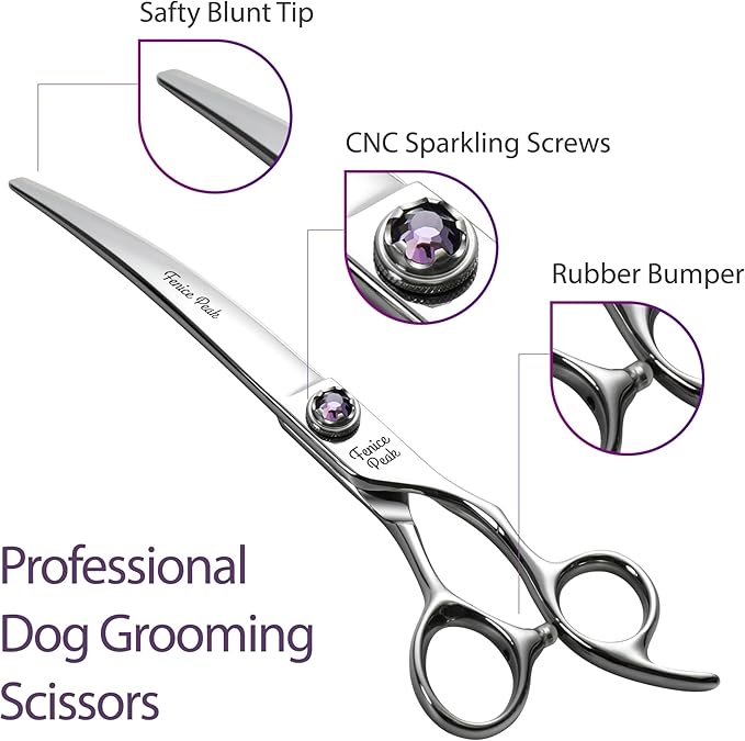 Fenice Peak 7 inch Curved Dog Grooming Scissors Professional Dog Shears Made of Japanese 440C Stainless Steel with Jewelled Screw Trimming Cutting Scissors Durable and Sharp