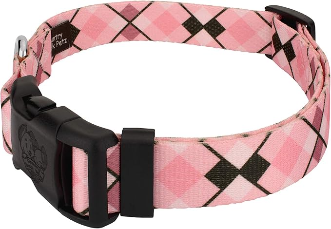Country Brook Petz - Deluxe Pink and Brown Argyle Dog Collar - Made in The U.S.A. - Plaid and Argyle Collection Featuring Charming Designs (1/2 Inch, Extra Small)
