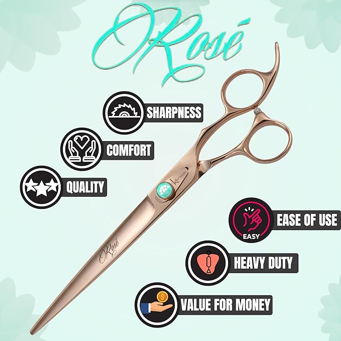 Kenchii Rose Dog Grooming Scissors, 8 Inch Straight Shears, Dog Scissors for Grooming, Ergonomic Design for Comfort and Precision, Heavy Duty, Durable and Sharp