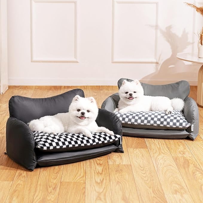 BurgeonNest Cat Couch Bed & Dog Sofa Bed for Small Dogs & Cats up to 15lbs, Double Layer Cushion Extra Comfort, Leather & Plush Material Scatch-Resistant, Waterproof, Black