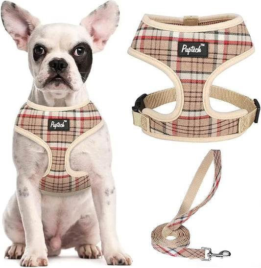PUPTECK Soft Mesh Dog Harness and Leash Set Pet Puppy Cat Comfort Padded Vest No Pull Harnesses, Khaki, S