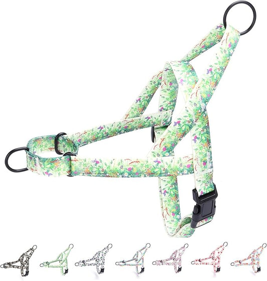 No Pull Dog Harness for Small, Medium, and Large Pets - Floral Pattern Nylon Safety Training Dog Harness (L, Grass)