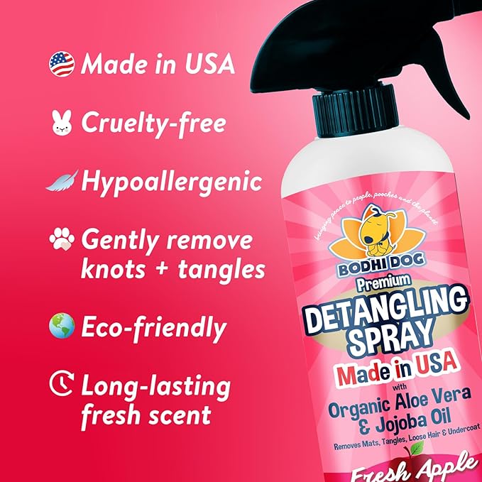 Bodhi Dog Detangling Spray - Fur & Hair Detangler Spray for Dogs & Cats - Easily Removes Mats, Tangles & Knots - Pet Grooming Essentials - Made in USA - Fresh Apple (17 Fl Oz)