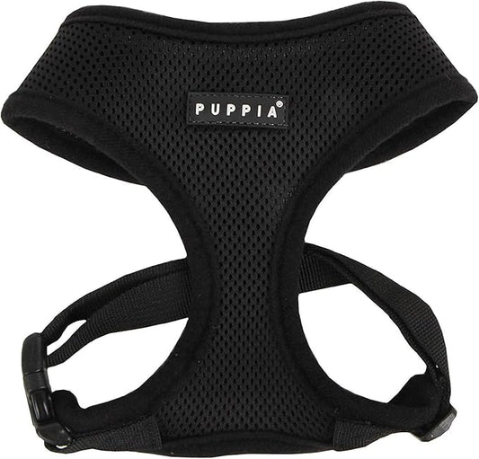Puppia Soft Dog Harness No Choke Over-The-Head Triple Layered Breathable Mesh Adjustable Chest Belt and Quick-Release Buckle, Black, XX-Large