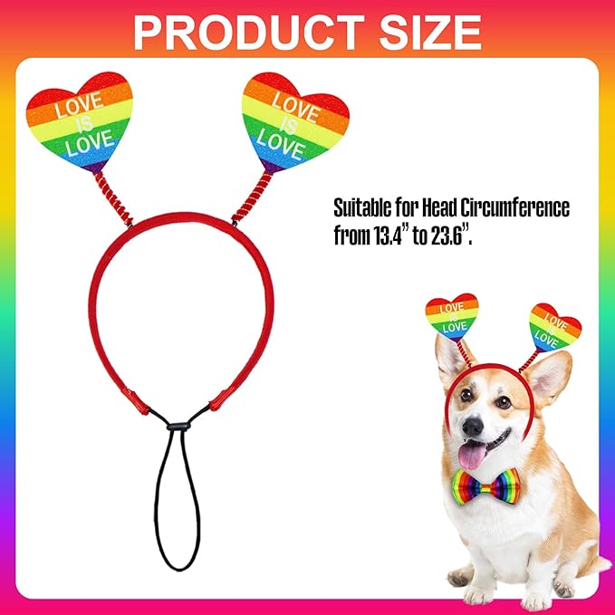 3 PCS Dog Pride Outfit Apparel Clothes, Rainbow Heart Dog Headband Bow Tie Collar for Small Medium Large Dogs (Pride Style 2)