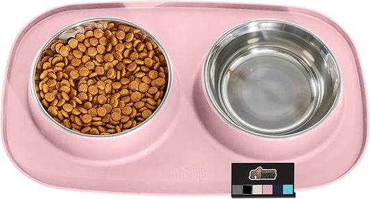 GORILLA GRIP Patent Pending 100% Waterproof BPA Free Cat and Dog Bowls Silicone Feeding Mat Set, Stainless Steel Bowl Slip Resistant Raised Edges, Catch Water, Food, Pet Accessories, 1 Cup, Light Pink