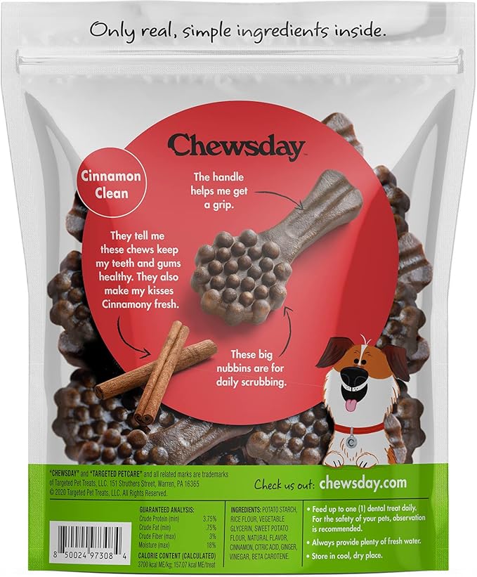 Chewsday Large Cinnamon Clean Daily Dental Dog Chews, Made in The USA, Natural Highly-Digestible Oral Health Treats for Healthy Gums and Teeth - 14 Count