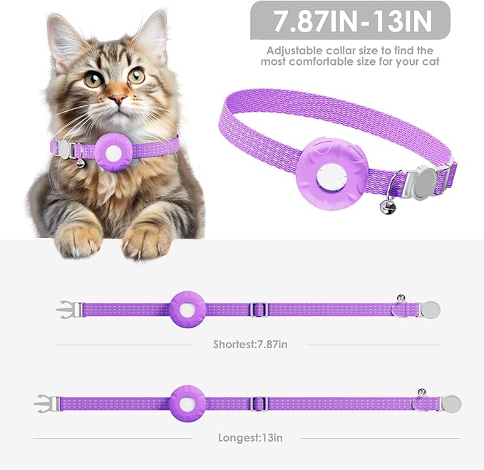 Cat Tracker, Waterproof Pet Tracker for Cats, Cat GPS Tracker Collar with Safety Elastic Buckle, Compatible with Apple Find My App (Only iOS), No Monthly Fee, Purple