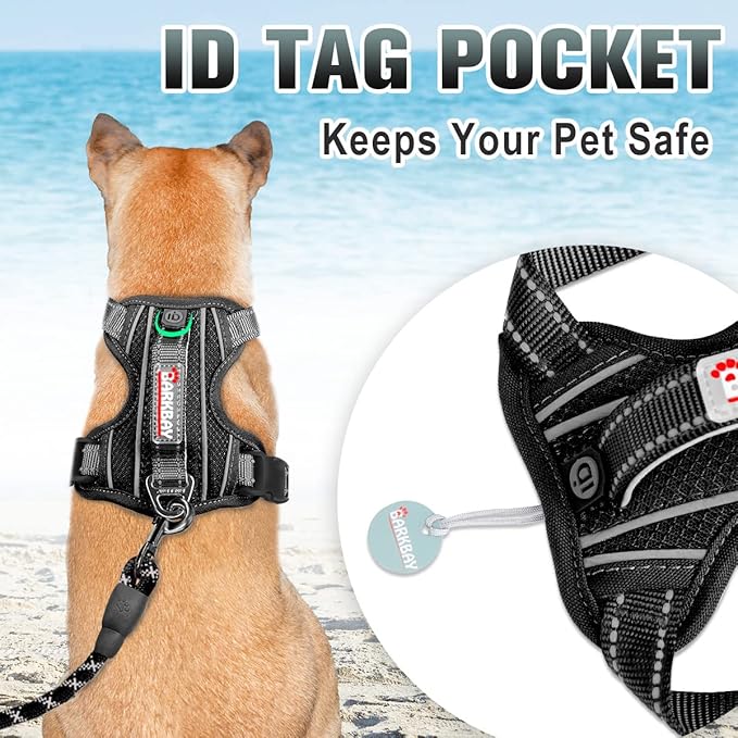 BARKBAY No Pull Dog Harness Large Reflective Dog Harness with Front Clip and Easy Control Handle for Walking Training Running with ID tag Pocket(Black,S)