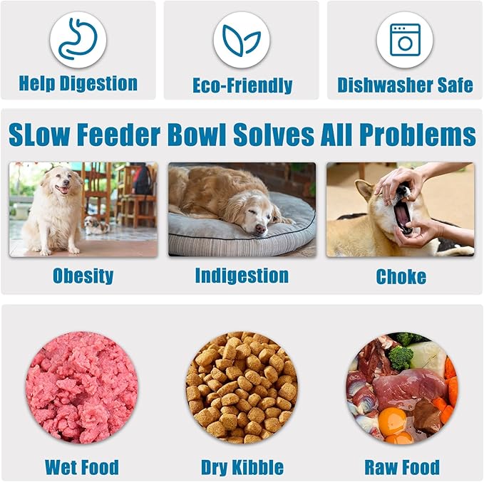 Slow Feeder Dog Bowls Medium Breed, Dog Food Bowl Medium Anti-Choking Bloat Stop Puzzle Healthy Eating Bowl (Blue, 2 Cup)