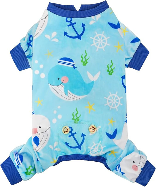 KYEESE Dog Pajamas Stretchy Pet Jammies Coat Comfy Pet Onesie Costume Velvet Dog Pajamas Small Sized Dogs Soft Dogs Clothes Pjs with Whale Pattern, Large