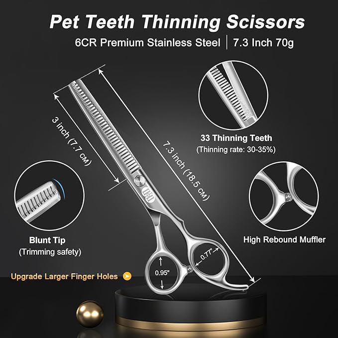 CIICII Dog Grooming Scissors Kit, 10-In-1 Professional Pet Grooming Scissors Set with Safety Round Tip (Dogs/Cat Hair Cutting Trimming Thinning Shears with Curved Scissors) for DIY Home Salon (Silver)