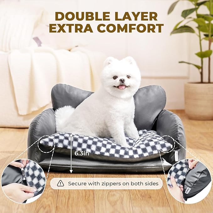 BurgeonNest Cat Couch Bed & Dog Sofa Bed for Small Dogs & Cats up to 15lbs, Double Layer Cushion Extra Comfort, Leather & Plush Material Scatch-Resistant, Waterproof, Grey