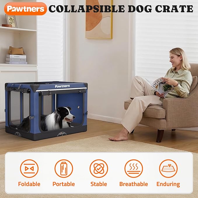 Collapsible Dog Crate: 38 Inch Foldable Soft Sided Dog Crate for Large Dogs, Portable Dog Travel Kennel with Soft Mat for Indoors & Outdoors, Blue