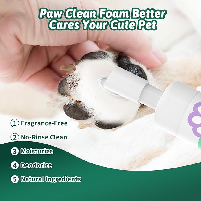 Clean Paws, Dog Paw Cleaner, No-Rinse Foaming Cleanser Foam Fragrance-Free with Silicone Bristle Brush, Deep Clean Foot Cleaner Brush All Natural Pet Paw Quick Foaming Cleanser for Dogs and Cats
