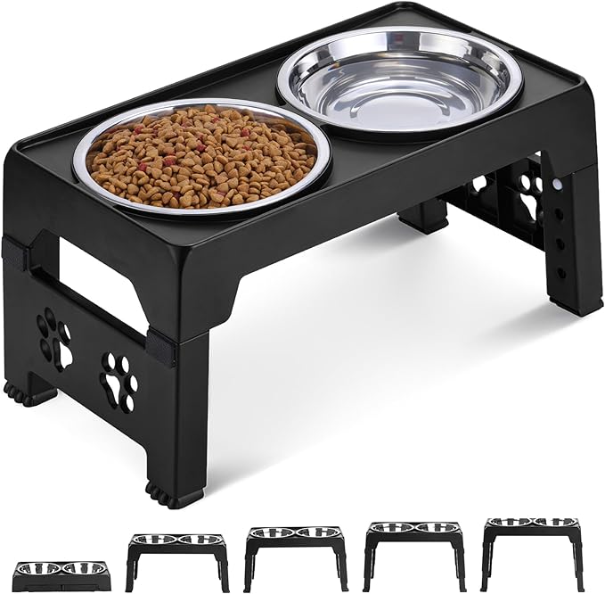 Elevated Dog Bowls, Raised Dog Bowl with 2 Stainless Steel Dog Food Bowls, Dog Bowls Stand Adjusts to 5 Heights 2.95", 8.46", 9.65", 10.82", 12.01" for Small Medium Large Dogs Cats Pets,Black