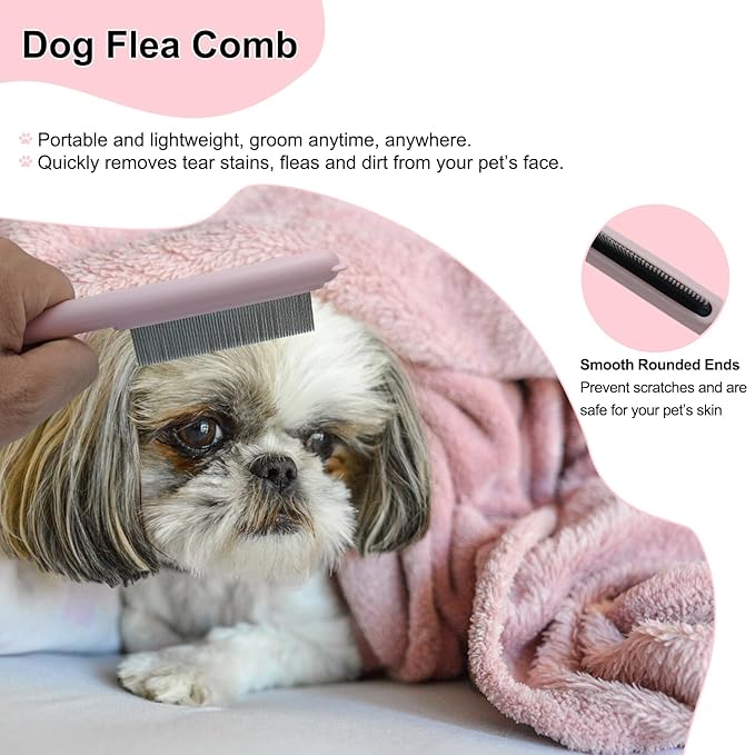 Cute Plastic Dog Comb with Stainless Steel Bristles and Furry Ears Design - Pet Grooming Tool for Removing Dirt and Tangles （Pink）