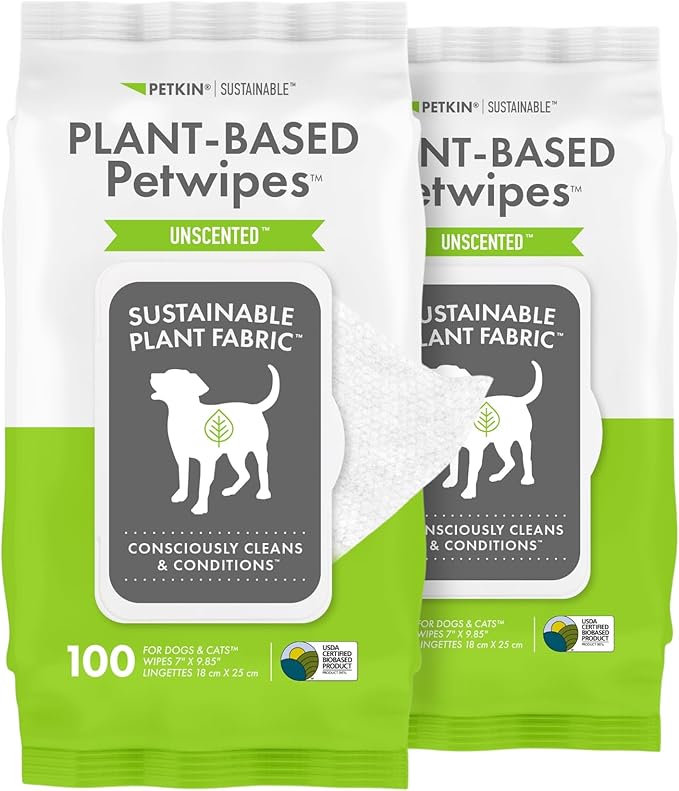 Petkin Plant-Based PetWipes, 100 Wipes, 2 Pack - Biobased, Sustainable, Big & Thick Pet Wipes for Dogs & Cats - for Face, Paws, Ears, Body & Eye Area - Consciously Cleans & Conditions - Unscented