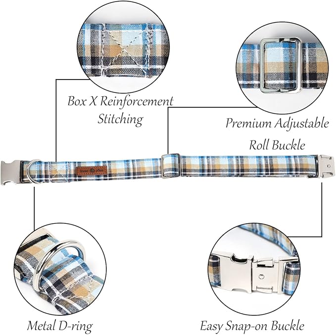 Lionet Paws Boy Dog Collar, Comfortable Adjustable Cute Blue Plaid Collar with Metal Buckle for Male Puppies and Cats Gift, XS, Neck 8-12 inches