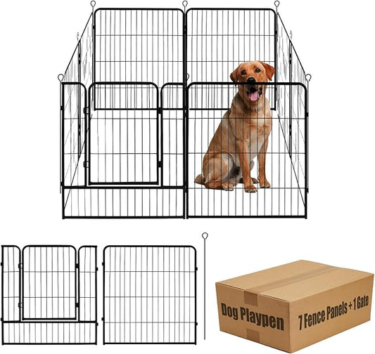 Dog Playpen,32 in(H) Pet Fence Outdoor for Rv Camping,Garden Fence Animal Barrie for Yard,Total 8 Panels with Gate 18.6Ft(L) Black Metal Temporary Fencing