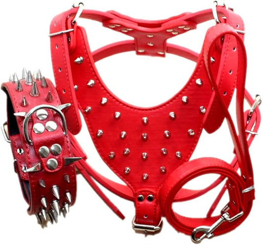 Leather Spiked Studded Harnesses, Collars & Leashes 3Pcs Matching Set for Medium & Large Dogs Pitbull,Mastiff, Boxer, Bull Terrier (Red1, M)