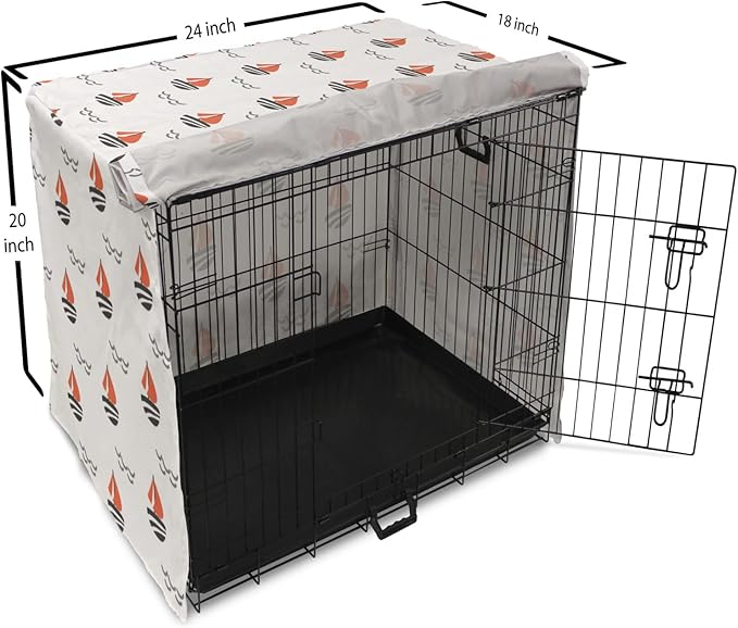 Lunarable Sail Boat Dog Crate Cover, Abstract Boat Waves Cartoon Drawing Style Geometric Pattern, Easy to Use Pet Kennel Cover for Cats & Medium Dogs, 24 Inch, Salmon Black Grey