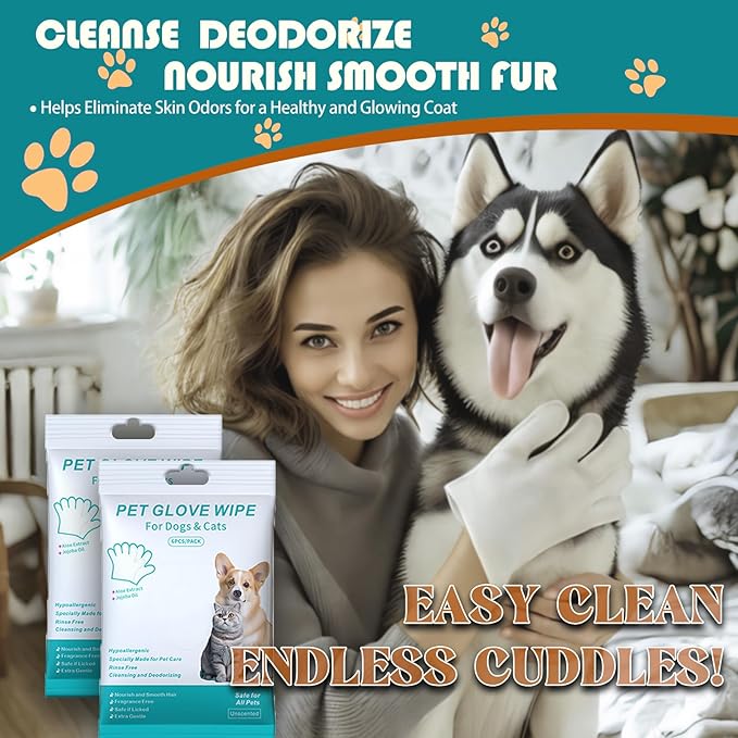 Pet Cleaning Glove Wipes 12 Count – No-Rinse for Dogs and Cats, Cleans, Grooms and Deodorizes Perfect for Daily Care Travel and Dry Bathing