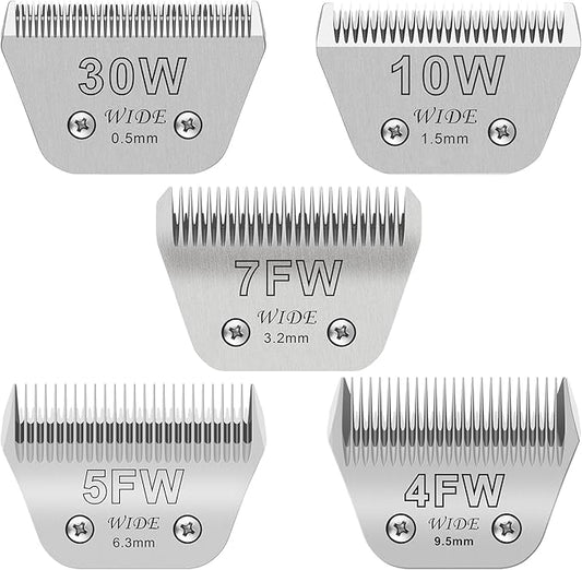 30W+10W+7FW+5FW+4FW Wide Pet Dog Grooming Detachable Blades Kit,Compatible with Andis,Oster A5,Wahl KM10 Clippers,Cut Length 1/50"(0.5mm) to 3/8" (9.5mm),5 Pack