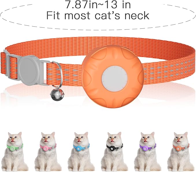 Cat Tracker Collar,No Monthly Fee Tracking Pet Collar with Finder Tag,Compatible with Apple Find My(iOS Only),Breakaway Tractive Design with Reflective Pattern & Bell,Orange