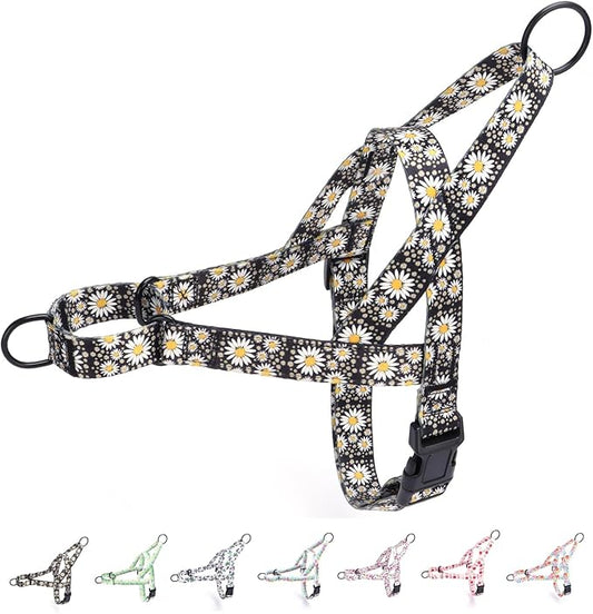 No Pull Dog Harness for Small, Medium, and Large Pets - Floral Pattern Nylon Safety Training Dog Harness (M, Daisy)