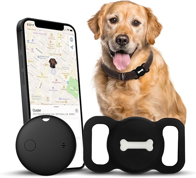 Smart Pet Tracker, Dog Tracker with Black Collar Holder, Smart Tag for Seamless Location Tracking, MFi Certificated, No Monthly Fee, Work with Find My, No GPS Tracker, iOS Only (Black)