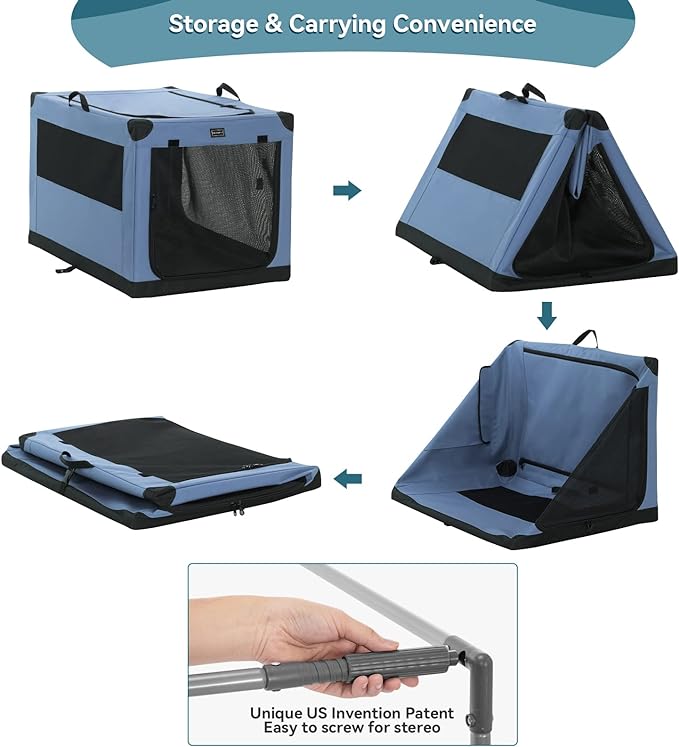 PETSFIT Portable Dog Crate, with Patented Adjustable Fabric Cover, Chewproof & Lockable Mesh Doors, Waterproof Base Collapsible Kennel Blue 36 Inch