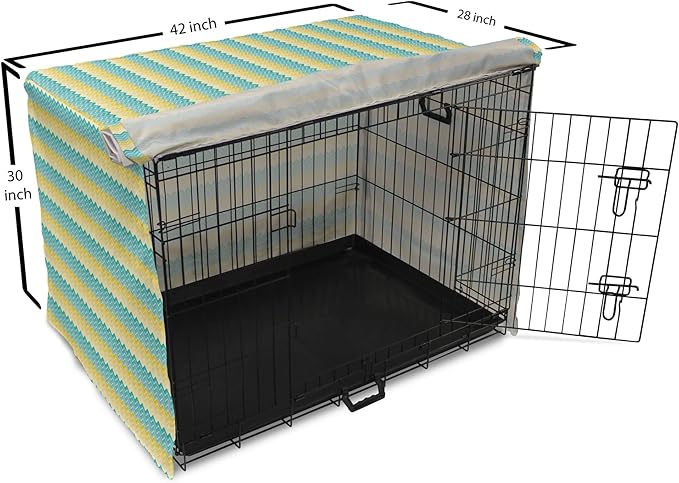 Lunarable Yellow and Blue Dog Crate Cover, Horizontal Chevron Motifs Zigzag Lines Pattern Ombre Inspired Design, Easy to Use Pet Kennel Cover for Medium Large Dogs, 42 Inch, Aqua Mustard