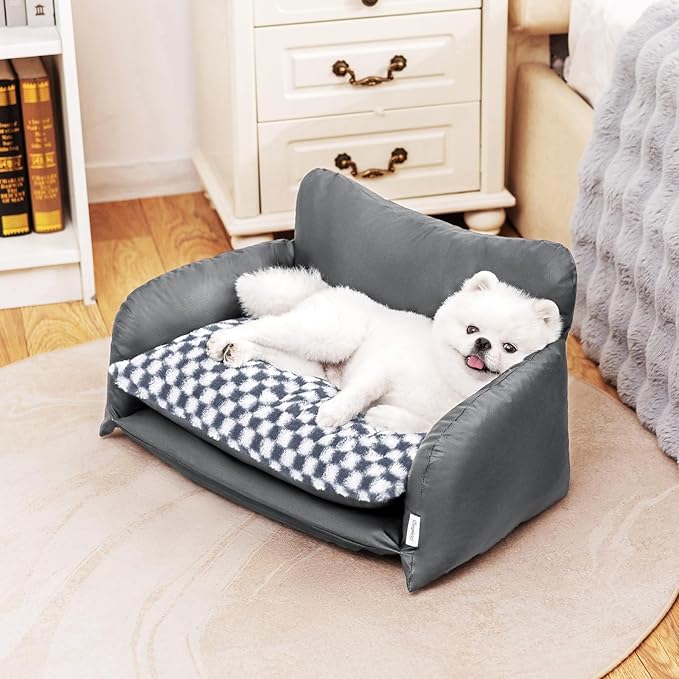 BurgeonNest Cat Couch Bed & Dog Sofa Bed for Small Dogs & Cats up to 15lbs, Double Layer Cushion Extra Comfort, Leather & Plush Material Scatch-Resistant, Waterproof, Grey