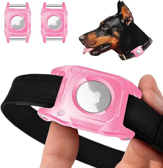 IP68 Waterproof Airtag Case for Dog Collar [2 Pack] Airtag Dog Collar Holder Hard TPU Full Protection Airtag Holder with Removable Handle Cat Dog GPS Tracker Anti Loss air tag Cover（Pink）