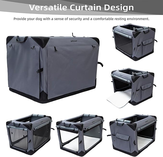 Pettycare 36 Inch Collapsible Dog Crate with Curtains Travel Dog Crate for Airflow and Calm Soft Pet Kennel with Portable Bag and More Chew Proof Mesh Indoor & Outdoor Grey 4 Door Curtains
